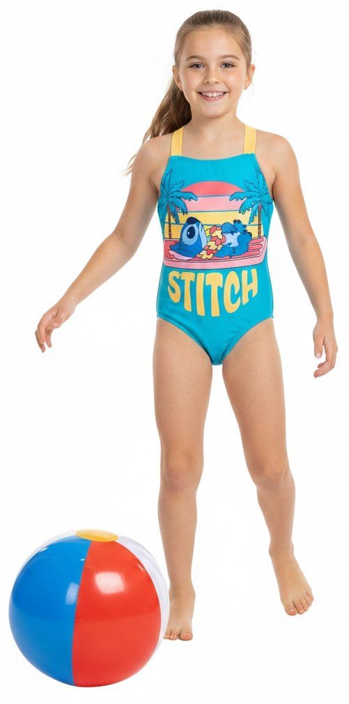 Strój kąpielowy jednoczęściowy dziewczęcy STITCH – turkusowy, z kolorowym nadrukiem, rozmiar 104 cm