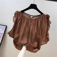 Bluzki damskie - Bluzka damska ZANZEA z okrągłym dekoltem, falbaną i krótkim rękawem, luźna, plisowana w jednolitym kolorze brzowy 4XL - miniaturka - grafika 1