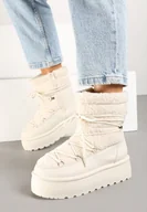 Śniegowce damskie - Beżowe Śniegowce na Grubej Podeszwie Ozdobione Sznurowaniem i Futerkiem Ravanelle - miniaturka - grafika 1