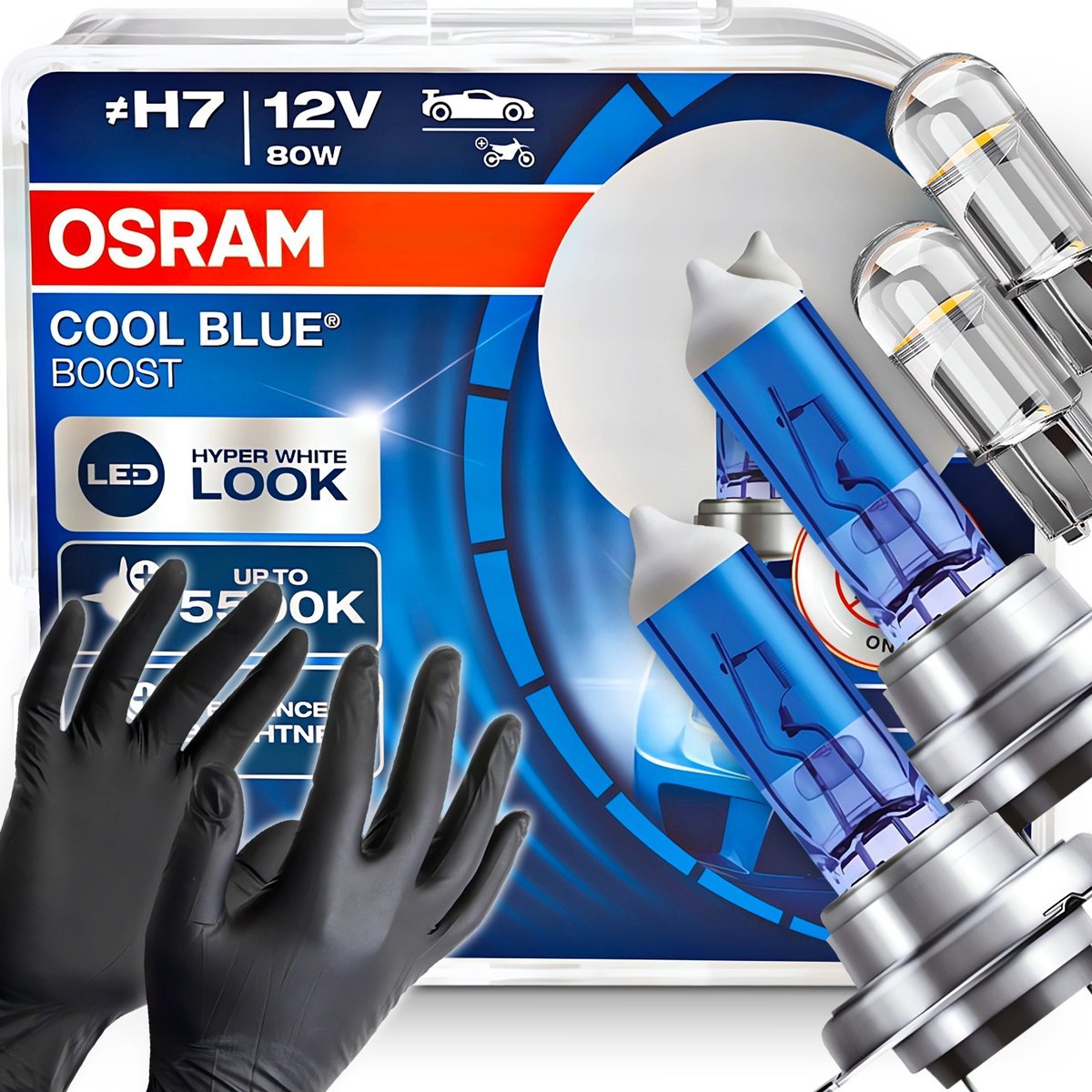 Żarówki Osram H7 Cool Blue Boost 5500K Białe + W5W Clear LED + Rękawiczki