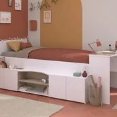 Łóżka dla dzieci i młodzieży - Łóżko piętrowe 90 x 190/200 cm z biurkiem i schowkami - Biały i naturalny + Stelaż - JOCHIANE - miniaturka - grafika 1