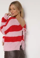 Swetry damskie - Czerwony Wiązany Kardigan Oversize w Paski z Dodatkiem Wełny i Wiskozy Retire - miniaturka - grafika 1