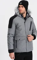 Kurtki męskie - Kurtka męska Ombre Zimowa kurtka męska z regulowanym kapturem z odpinanym futerkiem - szaro-czarna V1 OM-JAHP-0144 XXL - miniaturka - grafika 1