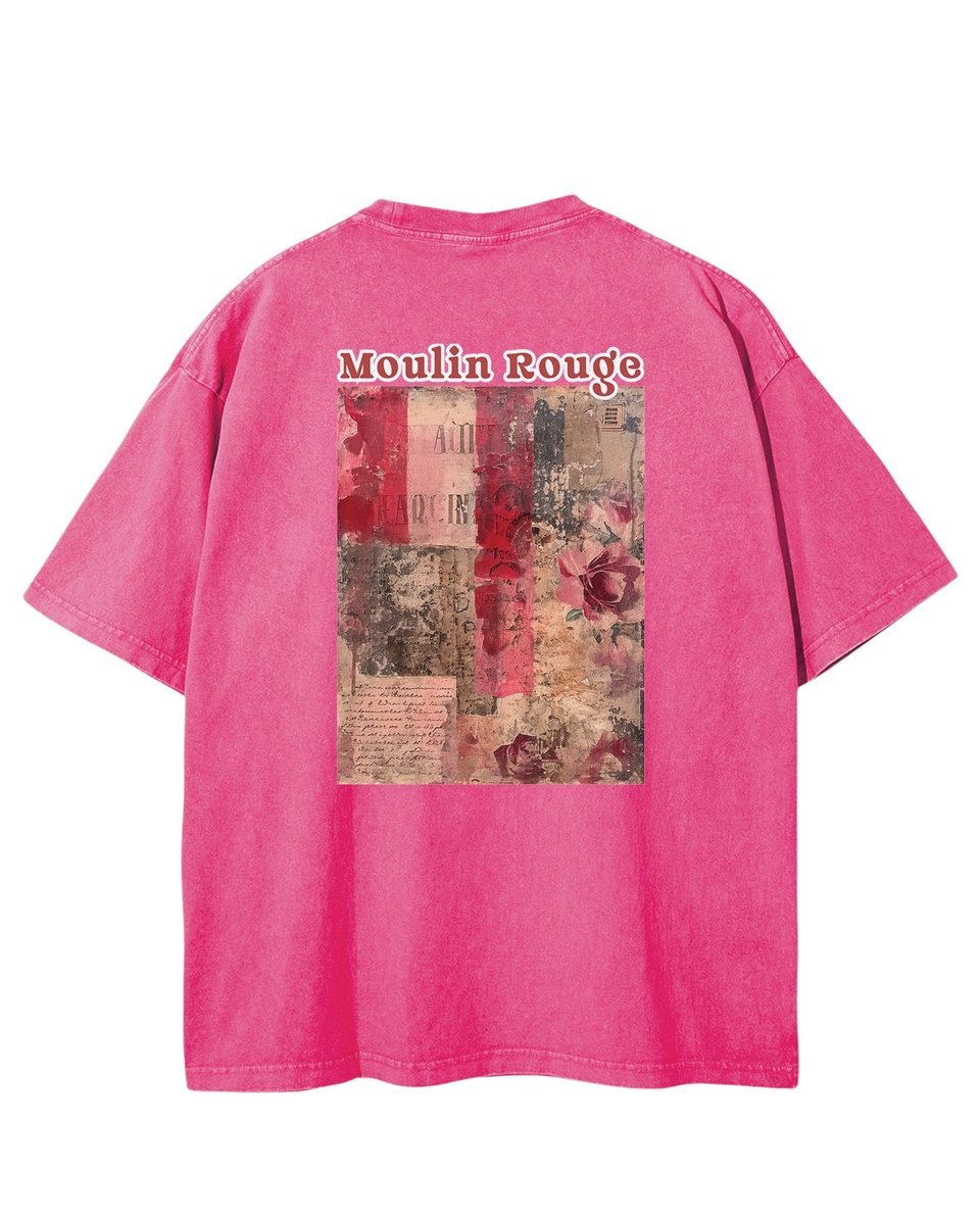 Damska koszulka oversize efekt sprania Moulin Rouge Vintage Różowa XXL