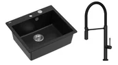 Zlewozmywaki z baterią - Quadron Unique Zlewozmywak granitowy jednokomorowy 57*50*22 cm MORGAN 110 PURE CARBON z syfonem Push-2-Open w kolorze stalowym z baterią MARGOT T LINE PURE CARBON z ruchomą wylewką kolor czarny mat/czarny wąż - miniaturka - grafika 1