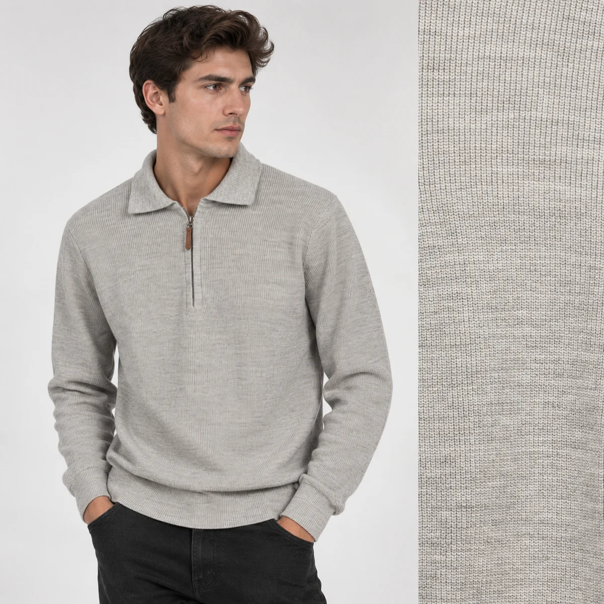 Sweter Męski Bawełniany Z Półzamkiem Stójką Elegancki Klasyczny Szary M