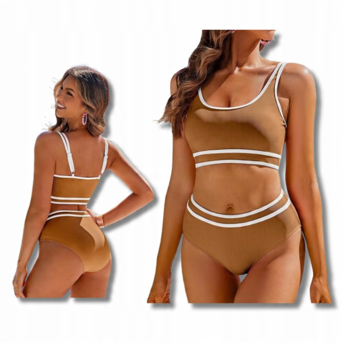 Stroj Kapielowy Damski Dwuczesciowy Sportowy Wygodny Fast Dry Brazowy M