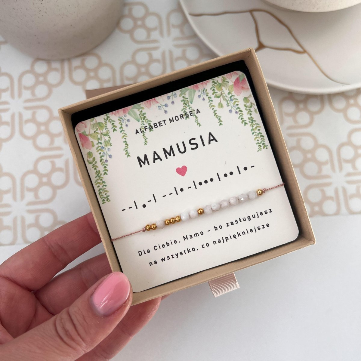 Bransoletka Mamusia kodowana alfabetem Morse'a kamienie naturalne