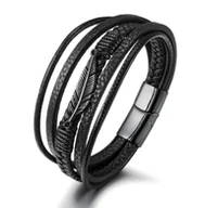 Bransolety męskie - Skórzana bransoletka męska rzemyki piórko czarny - miniaturka - grafika 1