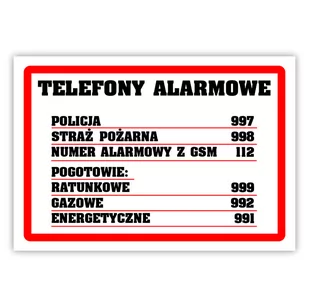 Tablica laminowana A5 - telefony alarmowe - Tablice BHP - miniaturka - grafika 1