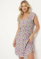 Sukienki - Fioletowo-Żółta Bawełniana Sukienka na Ramiączkach z Gumką w Talii i Trójkątnym Dekoltem Coetta - miniaturka - grafika 1