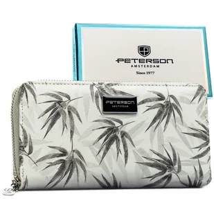 Szaro - biały duży portfel damski ze skóry naturalnej i ekologicznej modny typu piórnik na suwak PETERSON rozbudowany na karty pudełko na prezent RF.. - Portfele - miniaturka - grafika 1