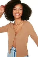 Bluzki damskie - Trendyol Bluzka z mieszanki bawełny – brązowa – Regularny, piaskowy, XS - miniaturka - grafika 1