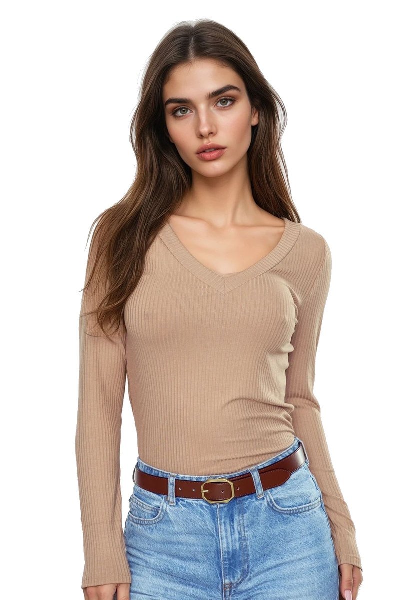 Koszulka damska z długim rękawem z prążkowanej wiskozy Eleonor beżowa 3XL