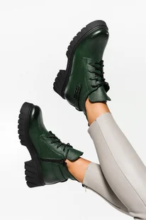 Zielone botki skórzane damskie na szerokim klocku z ozdobą sznurowane PRODUKT POLSKI Casu 60483 - Botki damskie - miniaturka - grafika 1