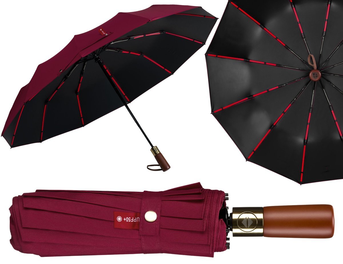 Parasolka składana automatyczna duży parasol elegancki pokrowiec Peterson burgundowa