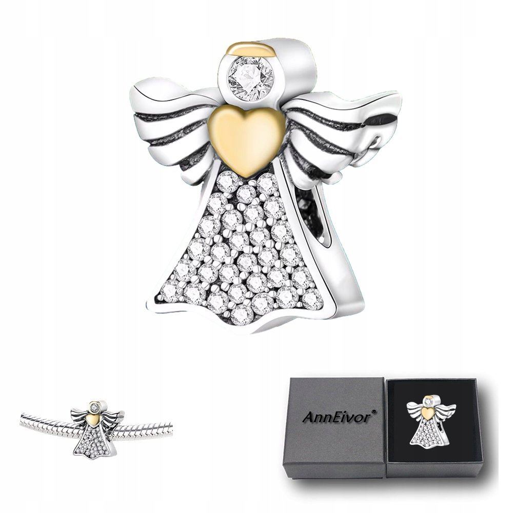 Koralik Modułowy Srebrny S925 Anioł Stróż Złote Serce Kryształki Na Prezent