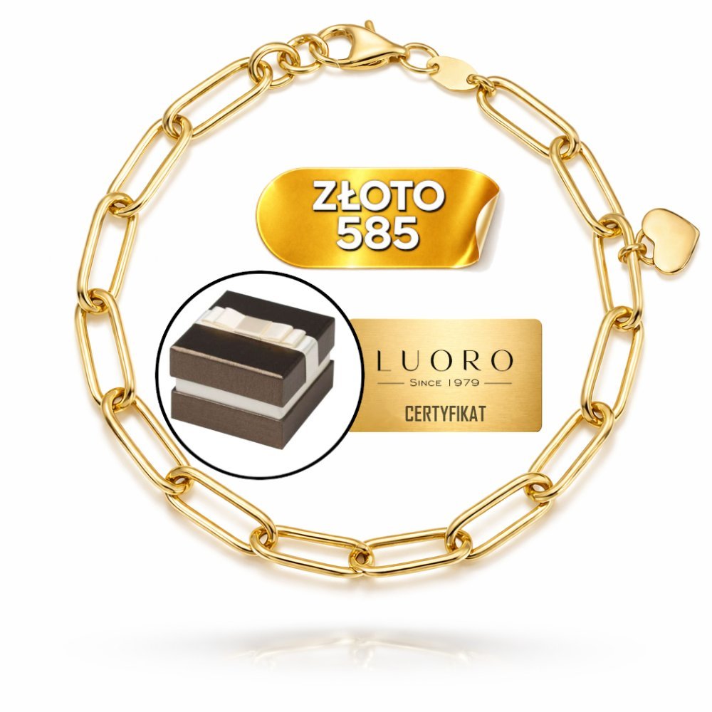 BRANSOLETKA ZŁOTA 585 14K DŁUGIE OGNIWA Z SERCE 18 CM ELEGANCKA