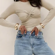 Bluzki damskie - TEMU Damska Sukienka w Stylu Francuskim - H-Line z Przodem w , Bluzka z Długim Rękawem, Elegancka Jednokolorowa Bluzka na Codzienność i Okazje - miniaturka - grafika 1