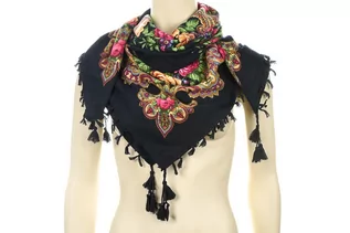 Apaszki i szaliki damskie - marka niezdefiniowana Granatowa chusta damska modna folk wzór kwiaty frędzle D18 - grafika 1
