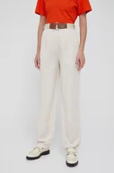 Spodnie damskie - Emporio Armani Emporio Armani spodnie z lnem damskie kolor beżowy proste high waist - miniaturka - grafika 1