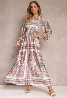 Sukienki - Różowo-Beżowa Rozkloszowana Sukienka Maxi w Stylu Boho z Gumką w Pasie Elenetha - grafika 1
