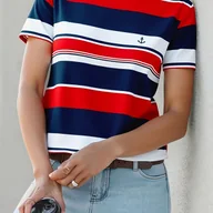 Bluzki damskie - TEMU Koszulka Morska dla Kobiet z Kotwicą - Czerwononiebieskie Paski, Casual Stylu Marynistycznym, Luźny Fason na Codzień i Plażę, Pranie Maszynowe, - miniaturka - grafika 1