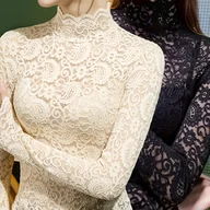 Bluzki damskie - TEMU Zestaw 2, Jednokolorowy Koronkowy Top, Półwysoki Kołnierz, Elegancka Koszula Z Długim Rękawem, Nadająca Się Podkoszulek Na Wiosnę I Jesień, - miniaturka - grafika 1