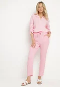Komplety damskie - Jasnoróżowy Bawełniany Komplet Muślinowy Koszula z Regulowanymi Rękawami i Spodnie Janilene - miniaturka - grafika 1
