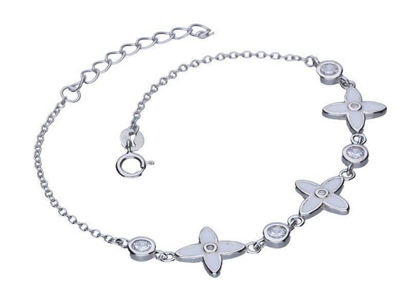 Srebrna bransoletka 925 kwiatuszki z białą emalią i cyrkoniami s