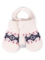 Rękawiczki - Rękawiczki dziewczęce jednopalczaste ze sznurkiem wzór norweski ecru dotykowe 14 cm - miniaturka - grafika 1