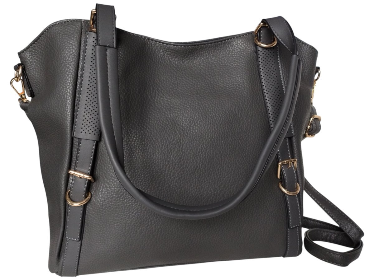 Torebka Damska Shopper Na Ramię Pojemna Szary Grafit Złote Okucia, Miejska