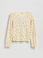 Bluzki dla dziewczynek - Reserved - Prążkowana koszulka w kwiaty - kremowy - miniaturka - grafika 1