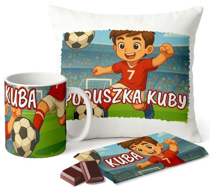 Zestaw Kubek Poduszka Czekolada z Imieniem Piłka Nożna Prezent Dla Dziecka