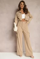 Spodnie damskie - Beżowe Szerokie Spodnie High Waist w Eleganckim Stylu z Kieszeniami Cargo Dekanna - miniaturka - grafika 1