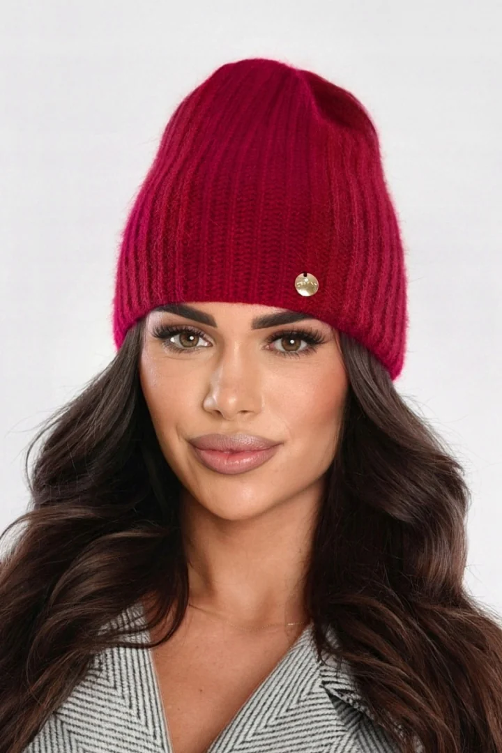 Czapka damska angora – miękka, ciepła P-085 - BORDO, D OFF PINK