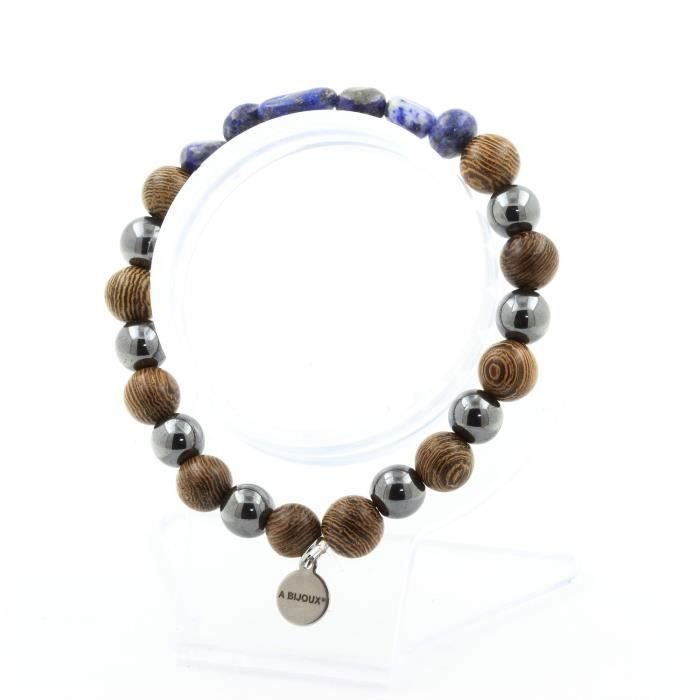 Kamienie i minerały. Bransoletka Lapis Lazuli z Pakistanu + Koraliki Hematytu + drewno 8 mm. Wyprodukowano we Francji.