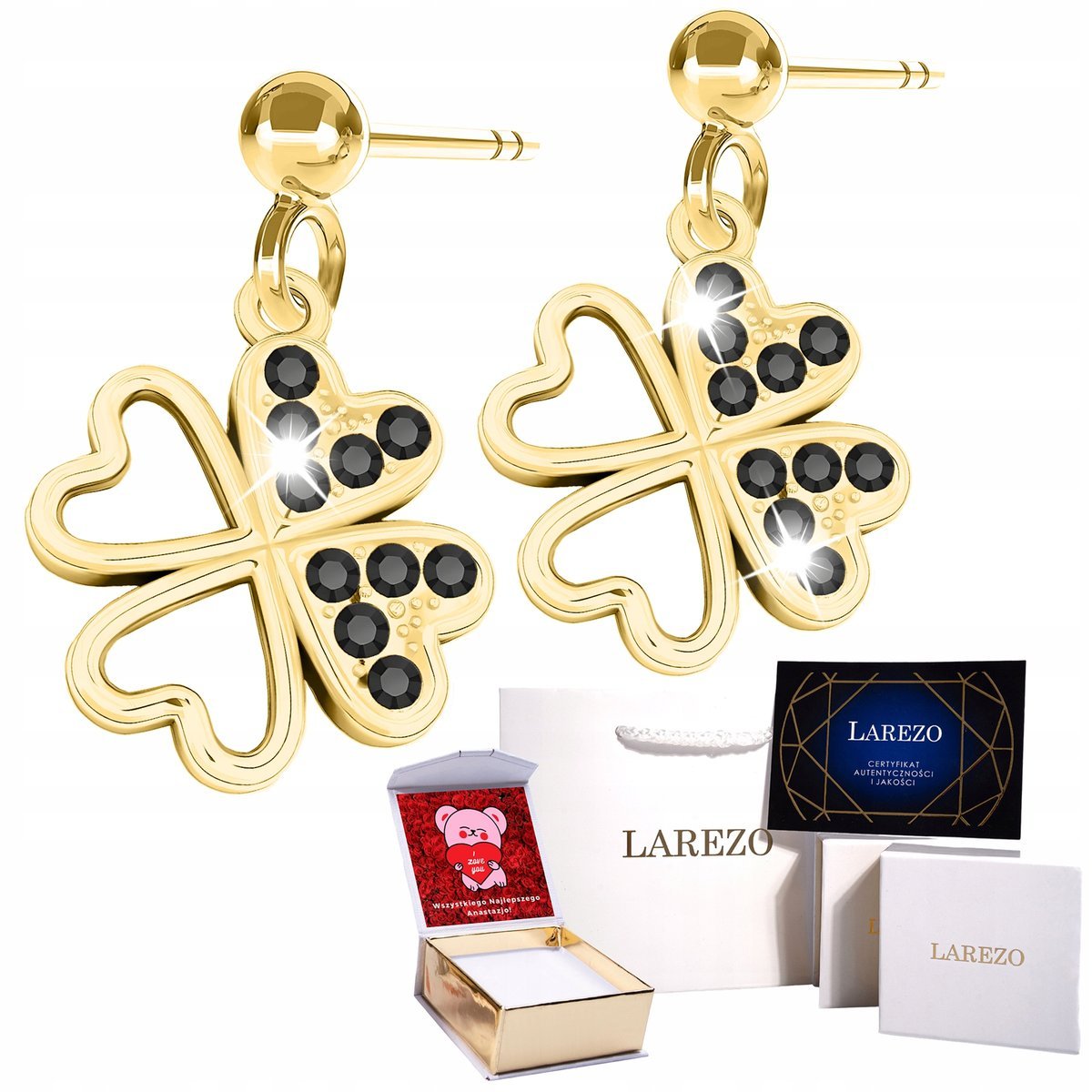 Złote Kolczyki 925 na Sztyfcie Koniczynka Czarne Cyrkonie Koniczyna NADRUK