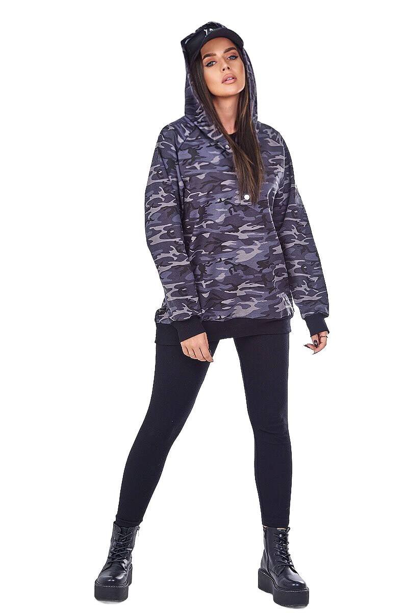 Komplet 3-częściowy moro bluza, top i legginsy czarny + grafitowy
