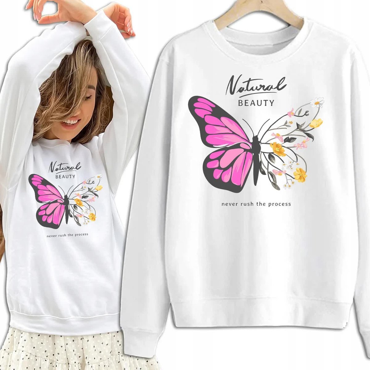 Bluza Damska Biała Dresowa NATURAL BEAUTY Kobiece Dziewczęce Wzory Rozm M