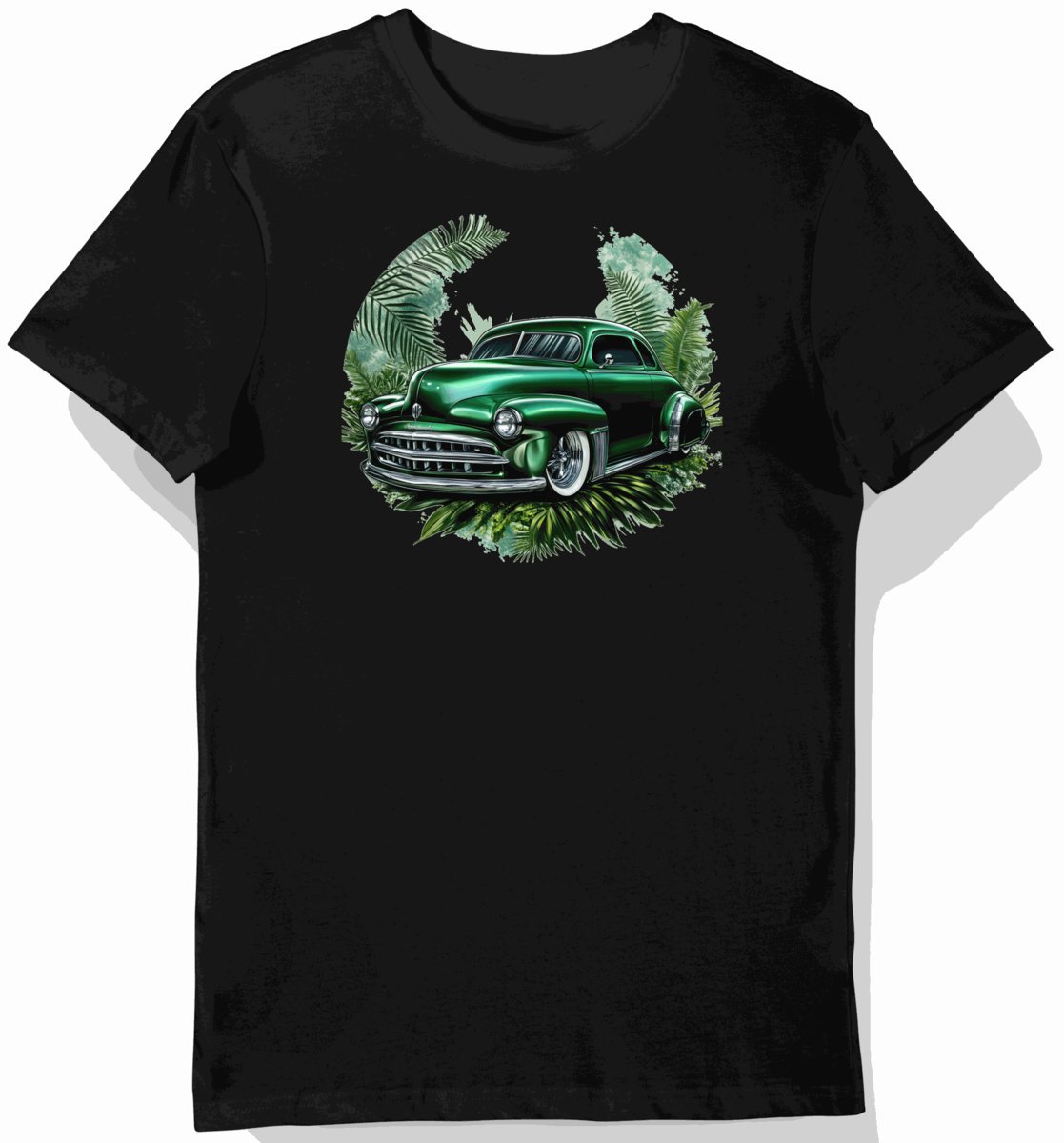 Koszulka męska czarna z artystycznym stylem klasycznego samochodu S