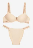 Komplety bielizny - Beżowy Komplet Biustonosz Push-Up i Wycięte Majtki Figi Ozdobione Napisami Bralara - miniaturka - grafika 1