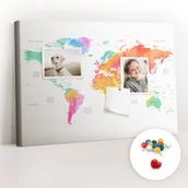 Tablice i flipcharty - Szkolna Tablica korkowa 60x40 cm, Kolorowe Pinezki, wzór Akwarelowa mapa świata - miniaturka - grafika 1