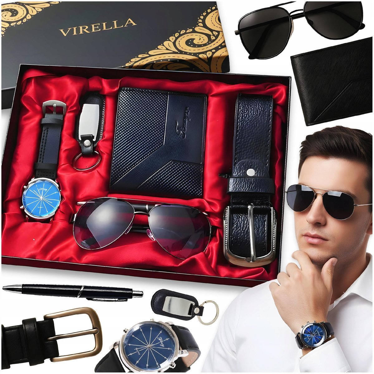 ZESTAW PREZENTOWY DLA MĘŻCZYZNY PORTFEL PASEK ZEGAREK OKULARY PREZENT
