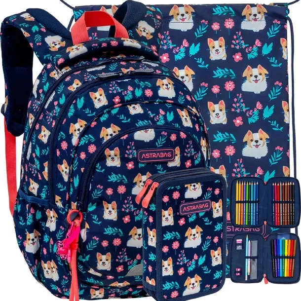 Astrabag Plecak Szkolny Młodzieżowy Dla Dziewczynki Corgi Zestaw 3w1