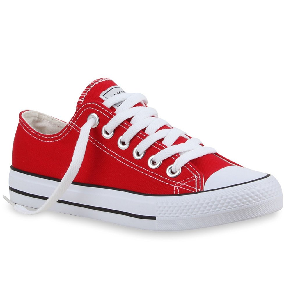 Mytrendshoe Damskie Trampki Niskie Płócienne Buty Casualowe Sznurowane Buty Sportowe 94237, Kolor: Czerwony Lucky, Rozmiar: 38