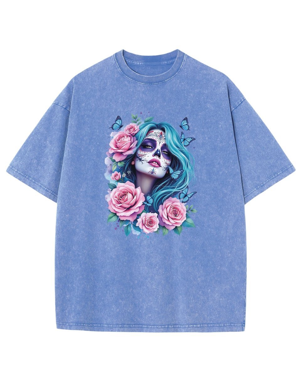 Koszulka oversize efekt sprania Kobieta Kwiaty jasnoniebieski M