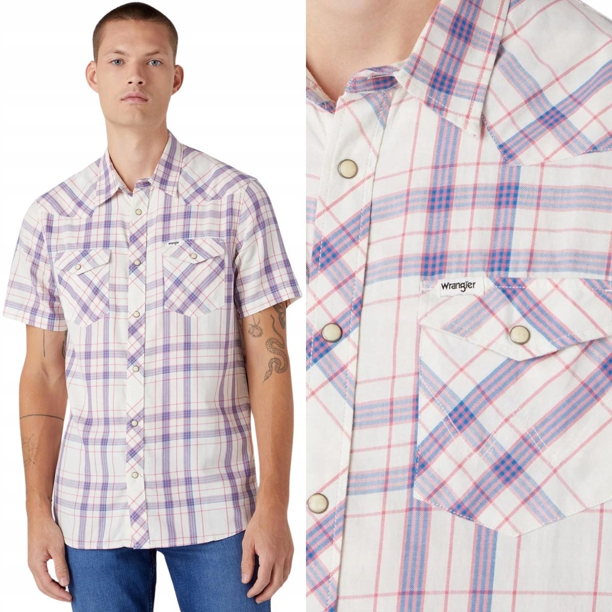 Wrangler WESTERN SHIRT Worn White KOSZULA W KRATĘ KRÓTKI RĘKAW REGULAR M