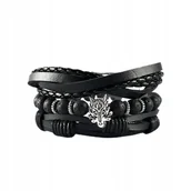 Bransolety męskie - Bransoletka MĘSKA skórzana EKOSKÓRA ZESTAW Komplet 3szt CZARNA WILK Vintage - miniaturka - grafika 1