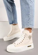 Trampki damskie - Beżowe Trampki na Grubej Podeszwie z Futerkową Cholewką Zdobioną Aplikacją z Serduszkiem Innalise - miniaturka - grafika 1